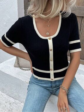 Black Cropped Cardigan with Cream Trim size Large